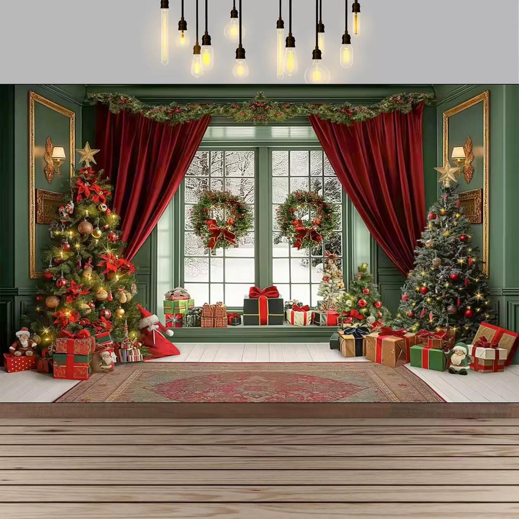 Christmas Red Curtain Decoration Backdrop Winter Snow Scenery Fireplace Santa Claus Photography Backdrop Holiday Party Supplies