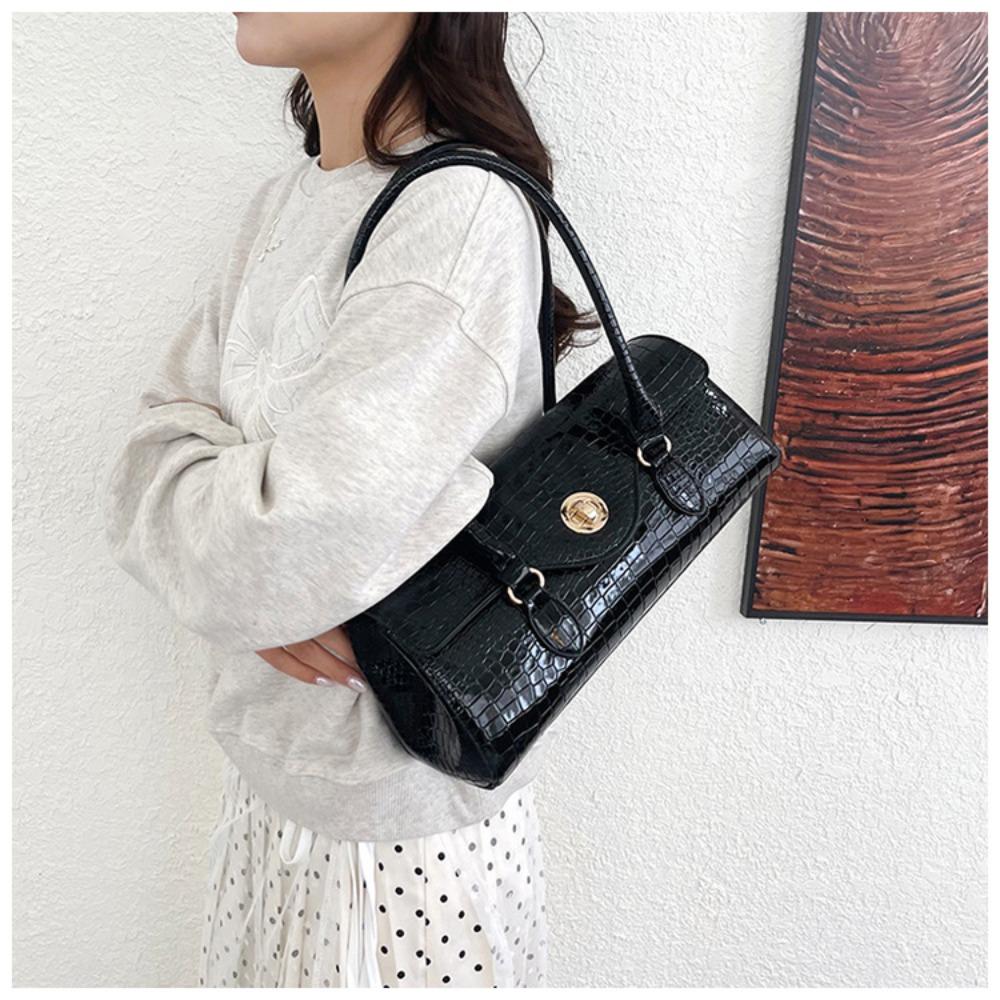 Women's Crocodile Pattern Handbag: Elegant PU Leather Top-Handle Satchel with Gold Lock, Retro Shoulder Bag for Work & Commute