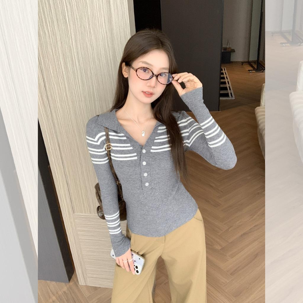 Grey Striped Lapel Knitted Sweater Long Sleeve T-Shirt Women's Autumn and Winter Wear Slim Button Bottom Top