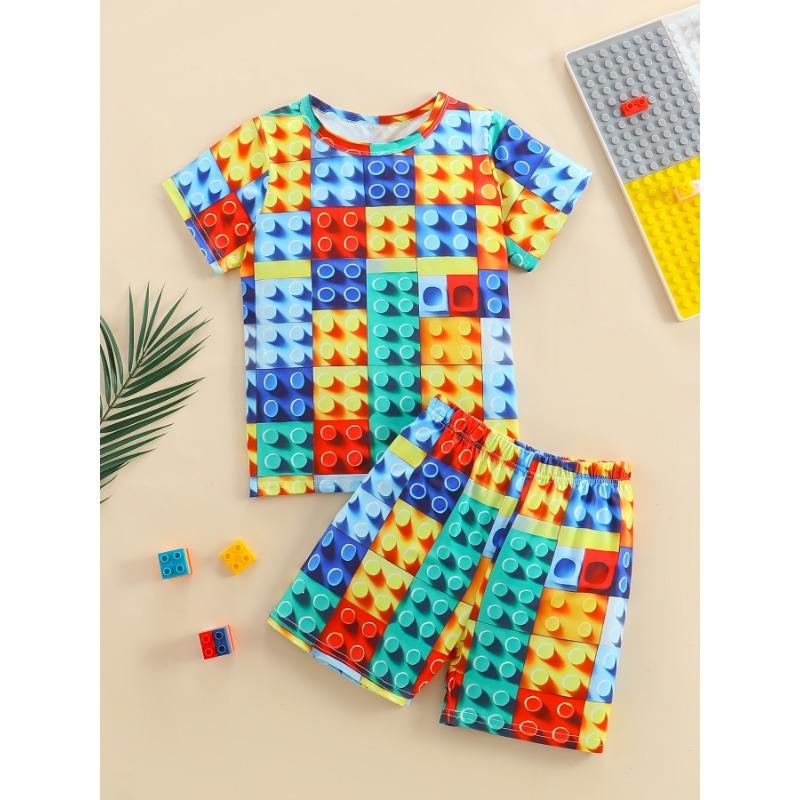 

Детская одежда 2025 года 3D Цветные кирпичики Летние топы Детские комплекты С коротким рукавом Детские спортивные костюмы Мода для мальчиков 160