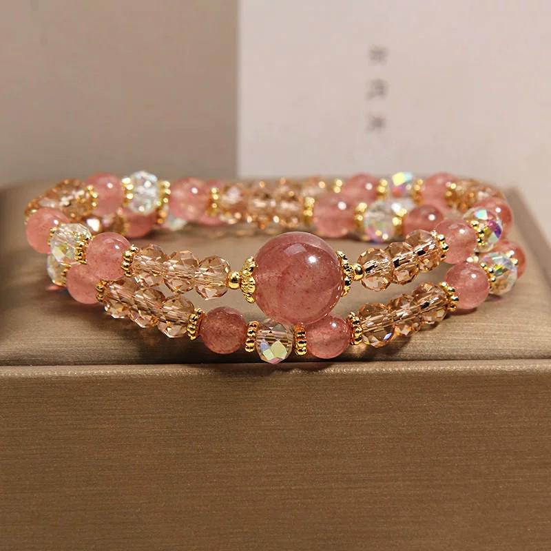Women's Exquisite Light Luxury Strawberry Quartz Double Circle Bracelet – Attract Romance, Perfect Gift for Best Friend