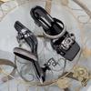 Large size cool slippers women's new metal buckle one-word drag special-shaped heel rhinestone sandals women