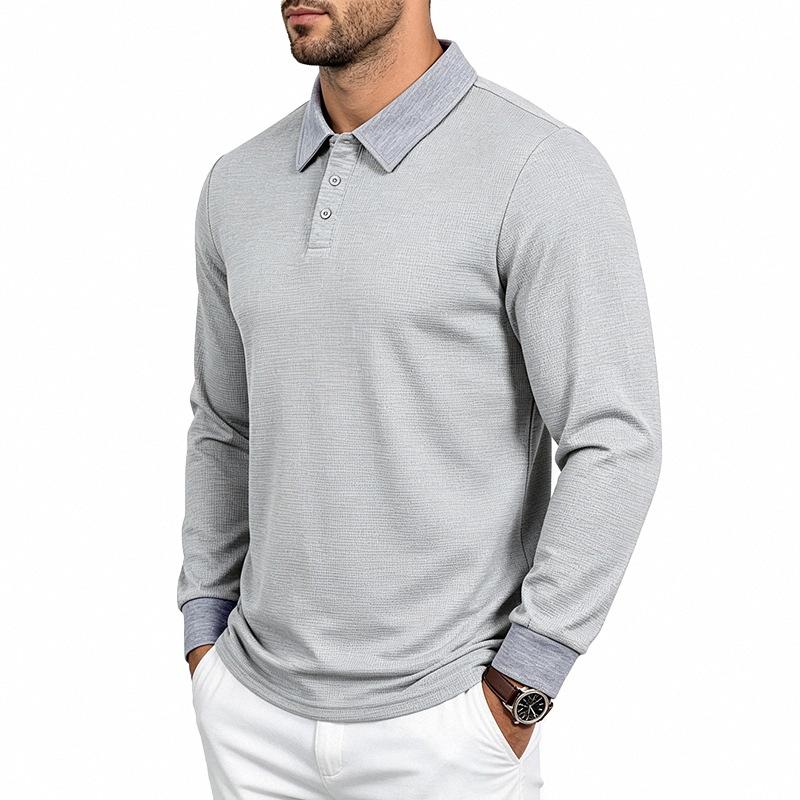 Men S Vintage Casual Waffle Knit Long Sleeve Polo Shirt