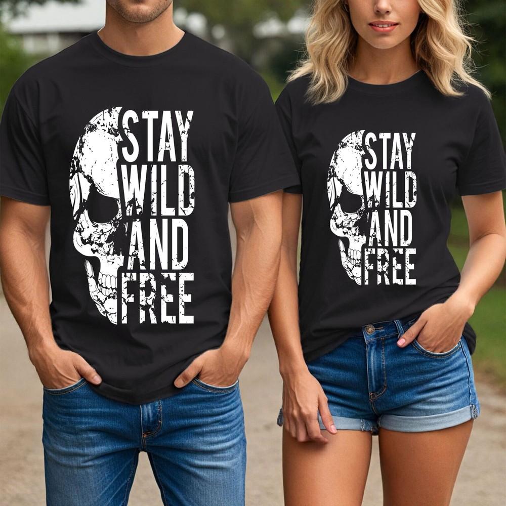 

Stay Wild and Free Shirt Unisex Skull Grunge Graphic Tee Biker Rebel Gothic Top L