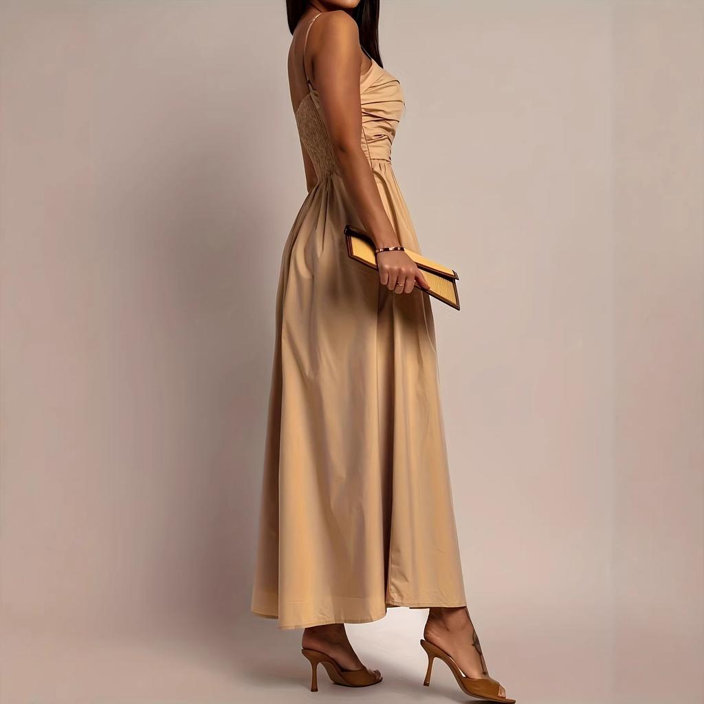 French Pleated Solid Color Suspender Dress Women's Summer New, Elegant Waist Swing Dress Showing Thin and Long