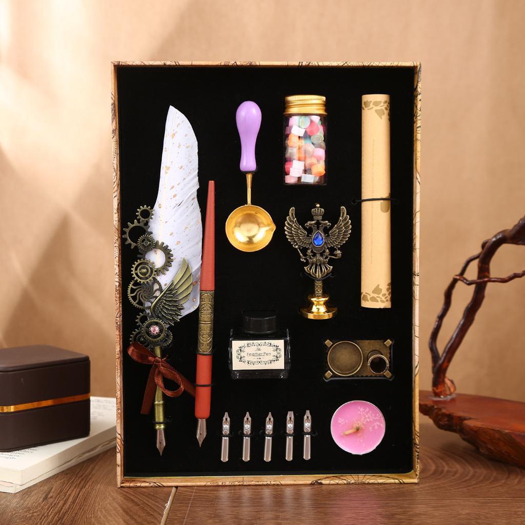 Punk Fjærsett Retro Mekanisk Dryssende Gull Fjærpenn Dyppepennsett Gaveeske Lærerdagsgaver