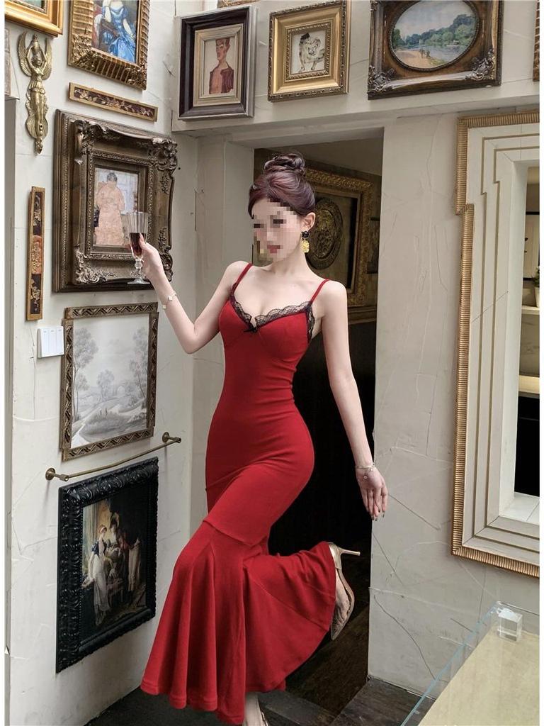 Elegant Color Block Patchwork Lace V-neck Mermaid Dress for Women - Summer Banquet Waist-Cinching Style