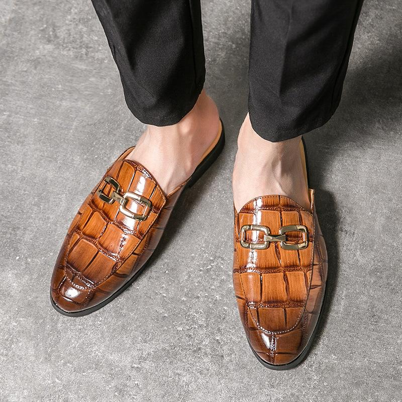 Summer Bag Head Half Slippers Men's Casual Small Leather Shoes Lazy One Pedal Embroidered Beanie Shoes Personalized Trend Sandals