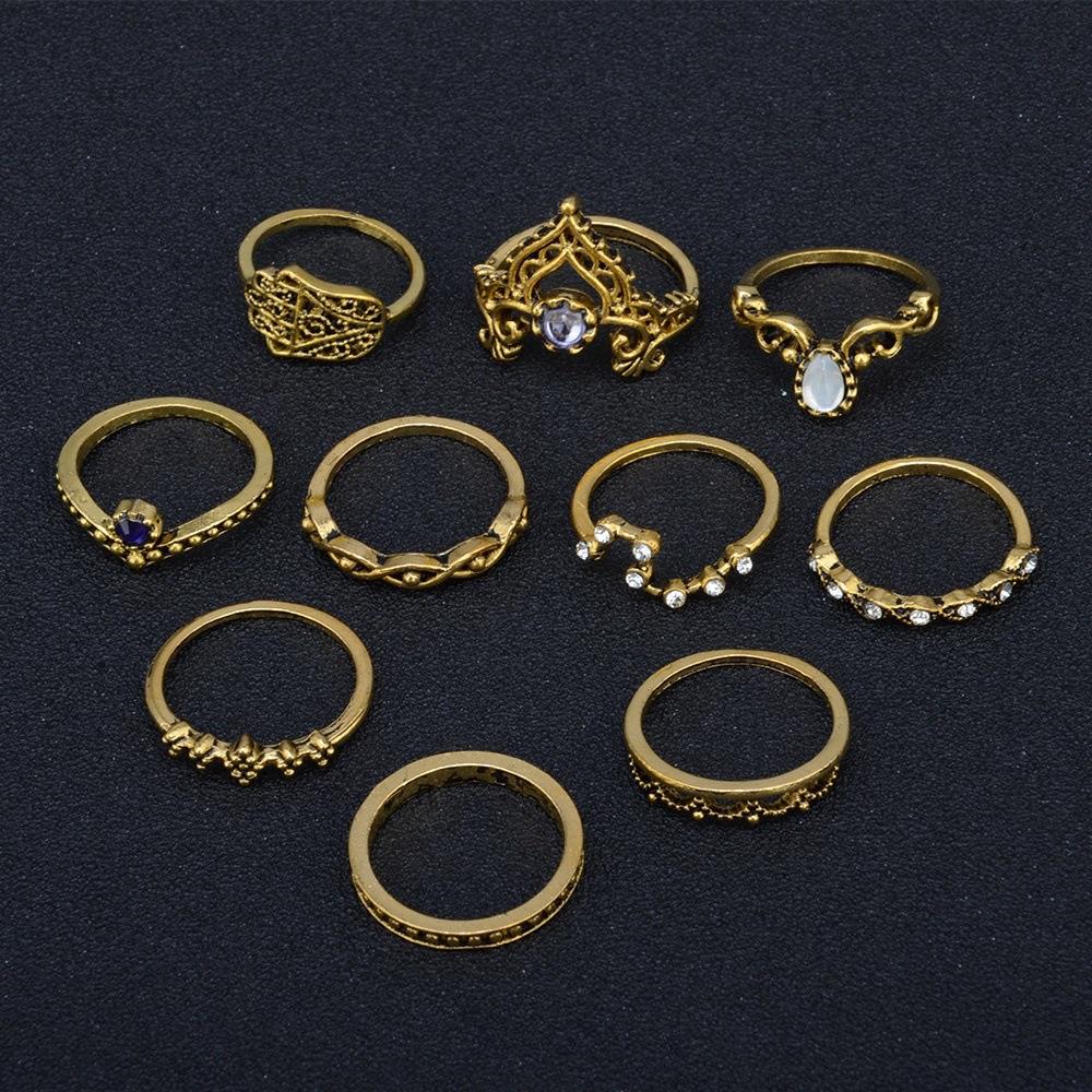 

10 шт., винтажный комплект колец из сплава с короной и кристаллами, модный комплект в стиле бохо серебряного цвета, уникальные женские ювелирные аксессуары золотой