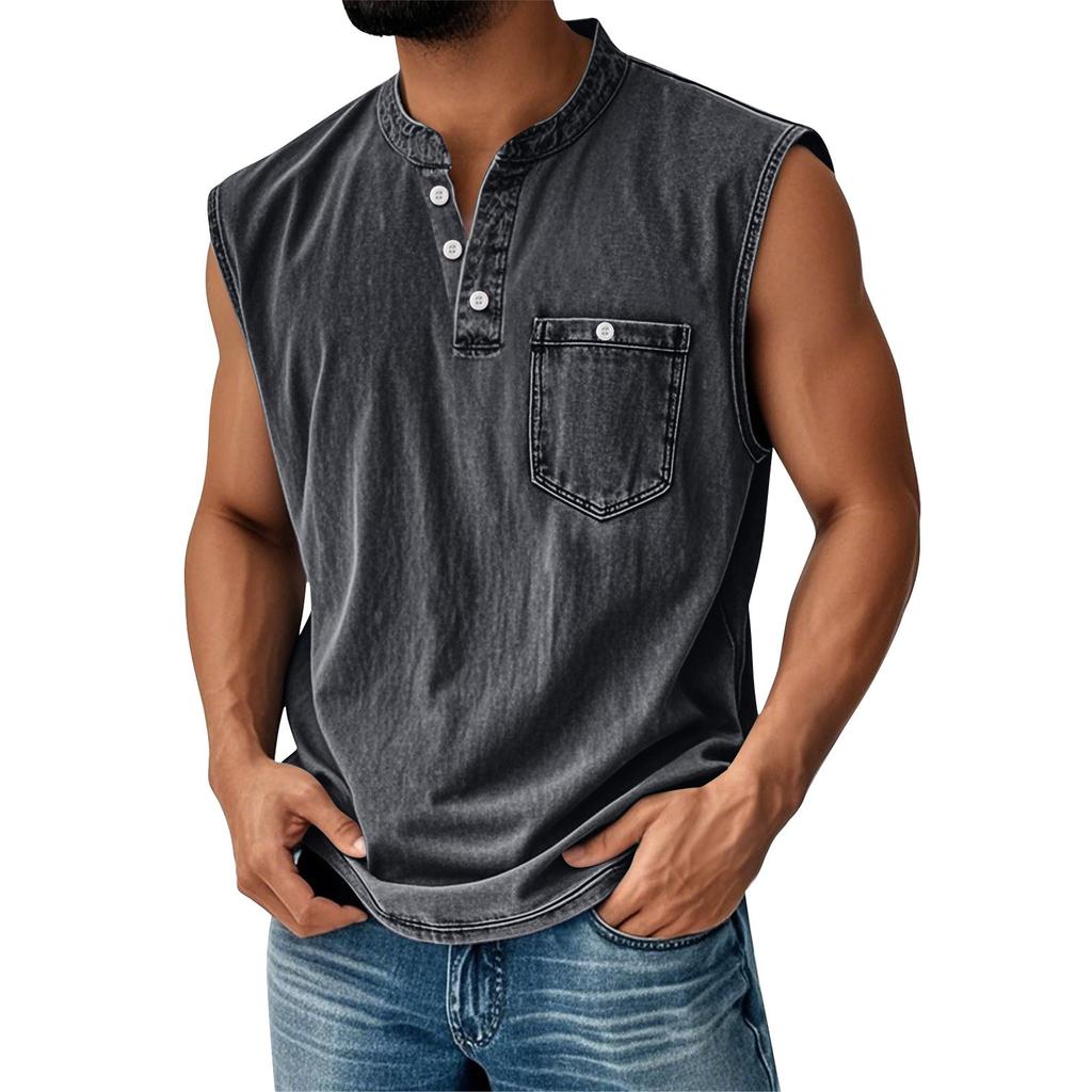 Canotta da uomo senza maniche con scollo Henley, abbottonatura e taschino sul petto, vestibilità casual ampia, maglietta estiva