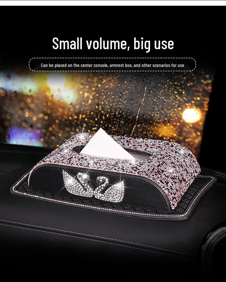 Swan Cartoon Car Tissue Box with Diamond Accents - Creative Cute Design