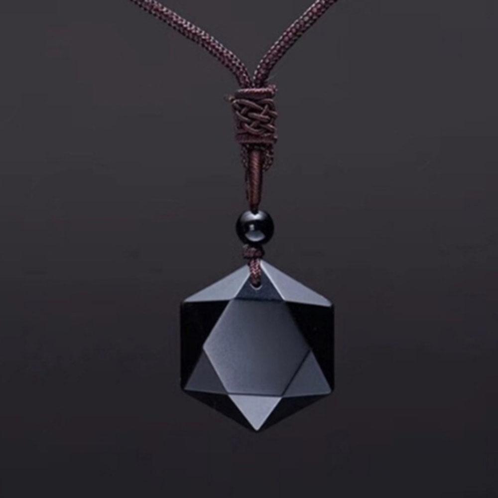 Obsidian Pendant, Pendulum, Energy Stone, Obsidian Hexagram Necklace, Men's and Women's Sweater Chain Accessories