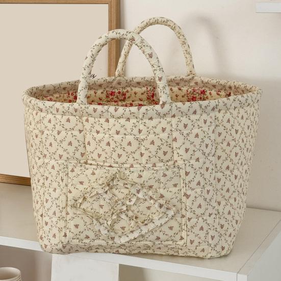 Boho Fabric Laundry Basket Floral Print Quilted Storage Basket Portable Folding Basket Bag with Handles for Home Clothes And Sundries