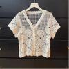 Women's French V-Neck Crochet Knit Cardigan Summer Slimming Loose Fit Versatile Top