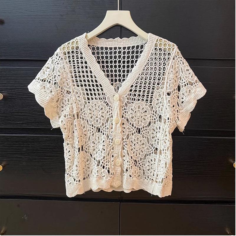 Women's French V-Neck Crochet Knit Cardigan Summer Slimming Loose Fit Versatile Top
