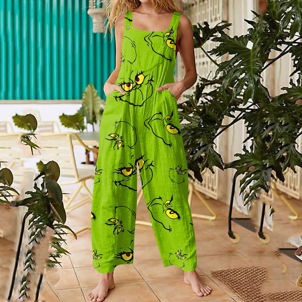 Damen Lässige Overalls Jumpsuits Verstellbare Träger Ärmellos Weihnachtsprint Bequeme Einteiler Mit Tasche