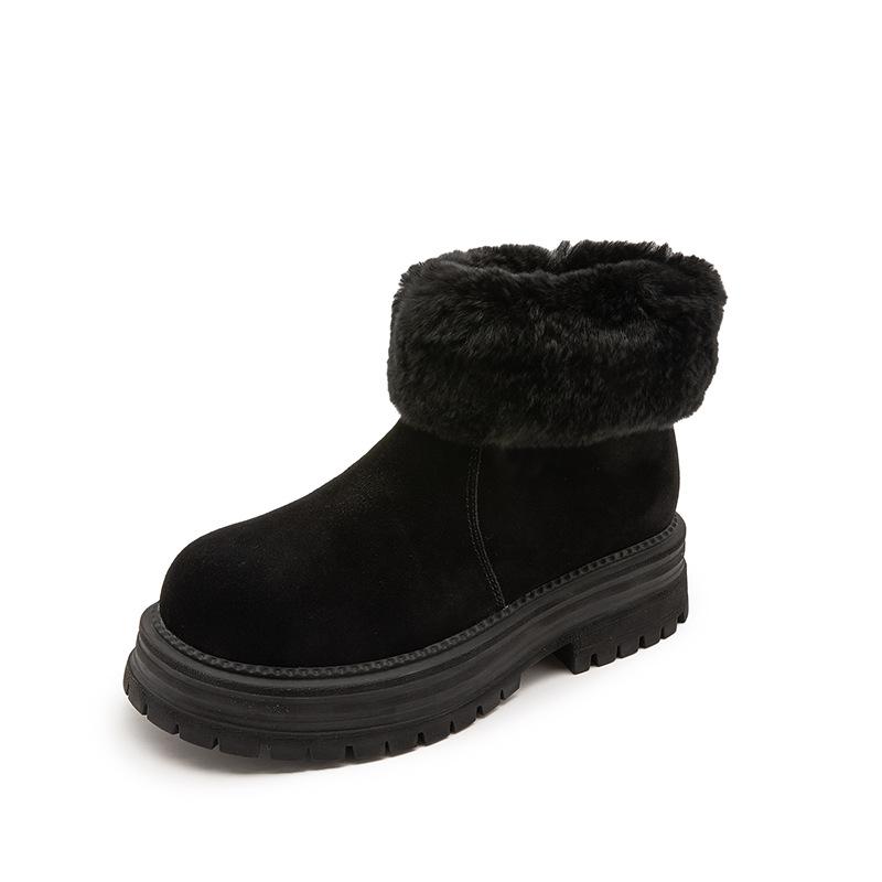 thick-soled leather real hair snow boots for women, piled thickened cotton shoes for autumn and winter to keep warm Martin boots for women