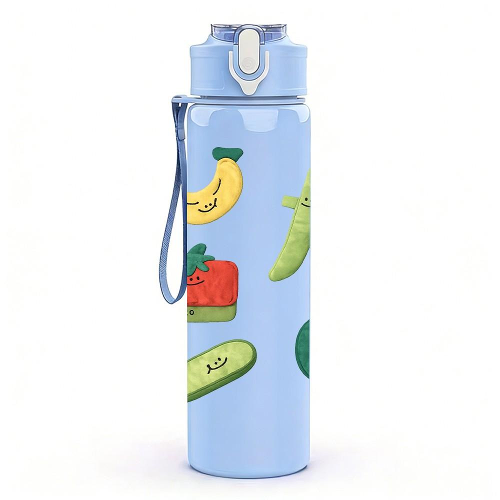 1PC Mixed Fruit Vegetable Fresh Food Print 750ml Color Plastic Sports Water Bottle Leakproof Flip Straw Lid Suitable for Sports Office Home Use
