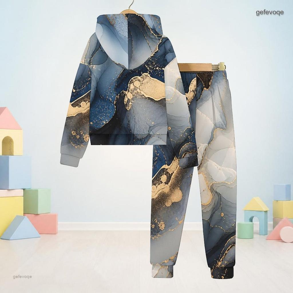 Boys Girls Black Floral Printed Hooded Long Sleeve Sweatshirt Cuffed Pants Two Piece Set