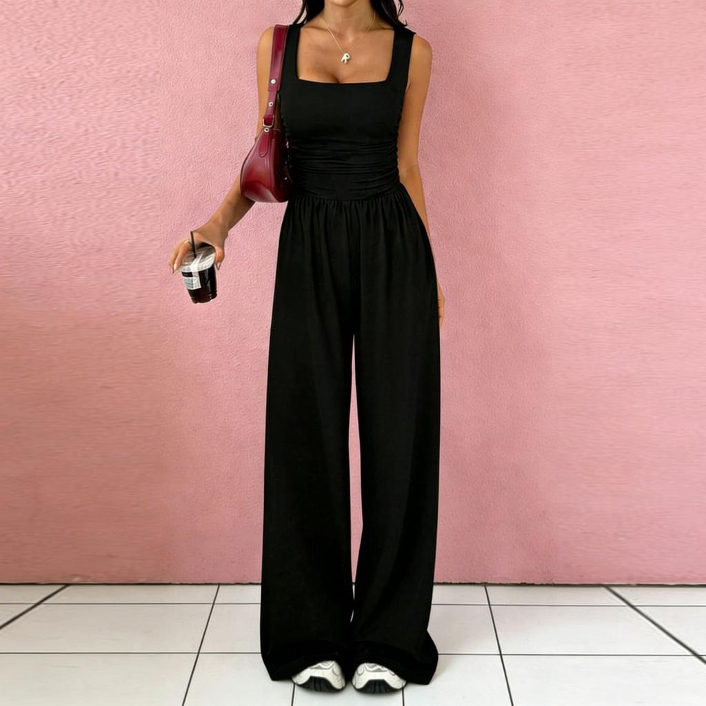 Women Sleeveless Wide Leg Jumpsuit Square Neck Ruched Bodice Casual Loose Fit Long Pants Outfit
