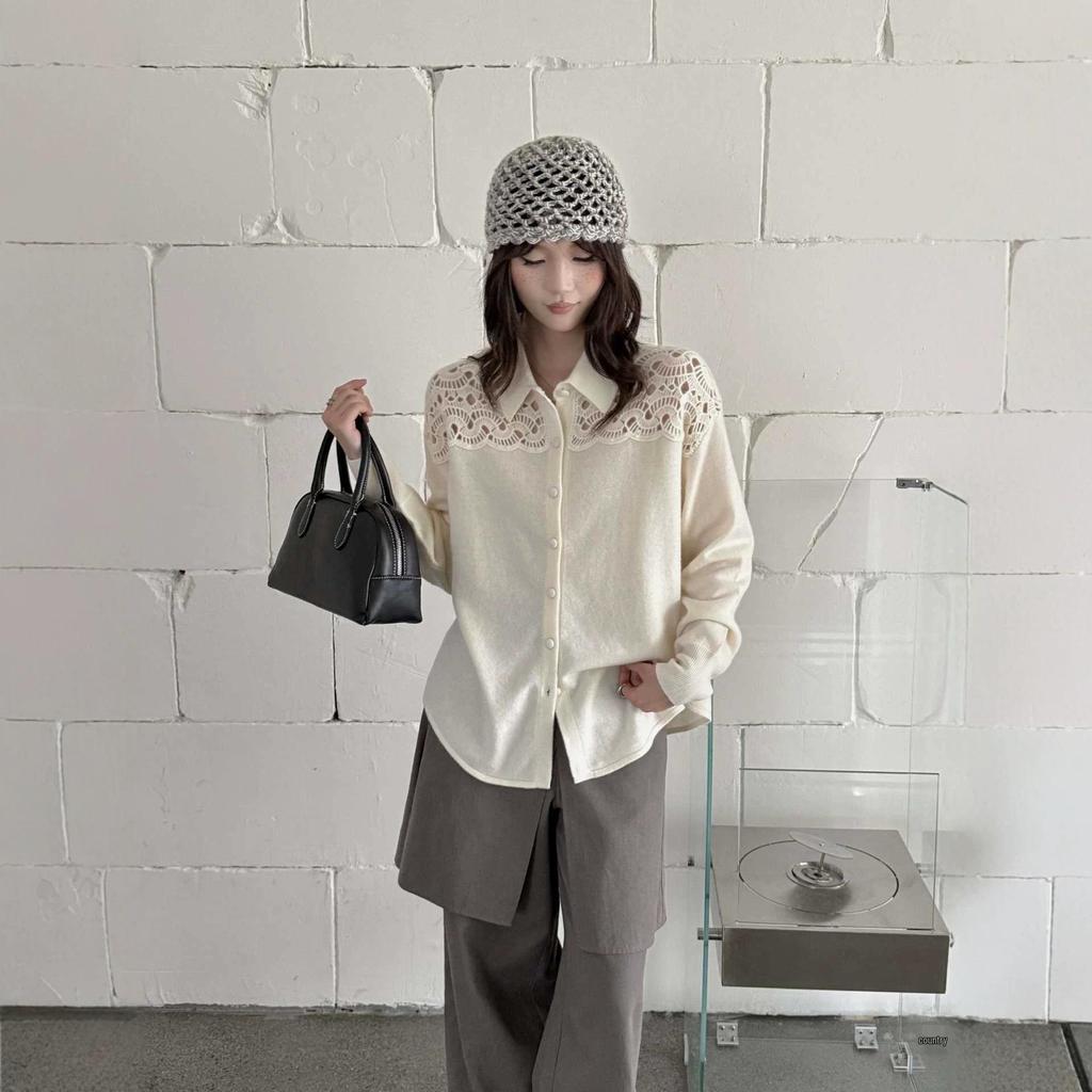 Women's 100% Pure Wool Knit Cardigan - Autumn/Winter French Sweetheart Polo Collar with Lace Patchwork Hollow Out Design