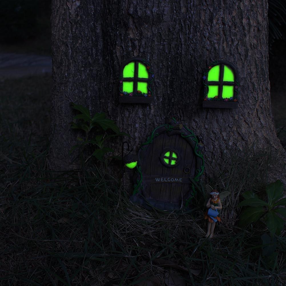 Miniature Fairy Elf Home Door Windows and Chandelier Luminous Tree Decor Art Decorations In The Dark
