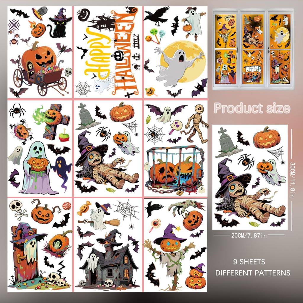 9 Sheets Halloween Window Stickers, Double Side Window Clings Decals for Party Decoration, Indoor & Outdoor Home Decor, Halloween Decorations,