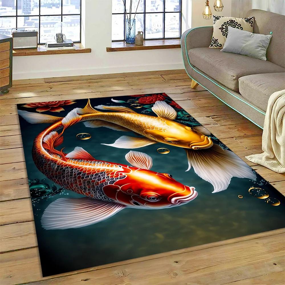 שטיח מצויר דגי קוי יין יאנג טבעיים לבית, לסלון, לחדר השינה, לספה, שטיחון כניסה, קישוט, שטיח אזור לילדים, מחצלת מונעת החלקה