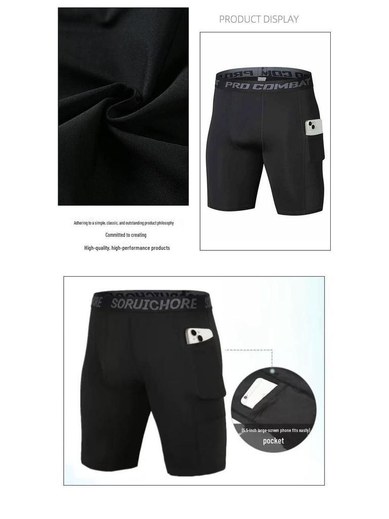 Men's Quick-Dry Compression Shorts with Pockets - High Elasticity, Ideal for Running, Training, and Basketball.