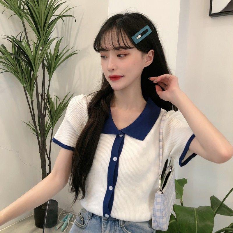 Summer Korean Version POLO Collar Slim Fit Contrasting Short Sleeved Knitted T-shirt Women's Versatile Short Top