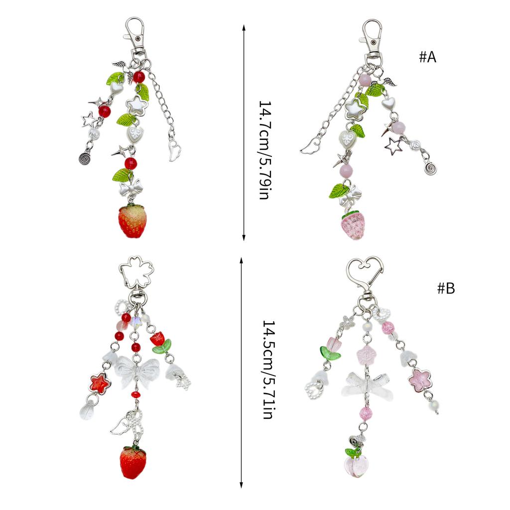 Strawberry/Peach Keychain Bowknot Star Flower Beaded Keyring Pendant Unique Phone Charm Ornament for Fashion Lovers