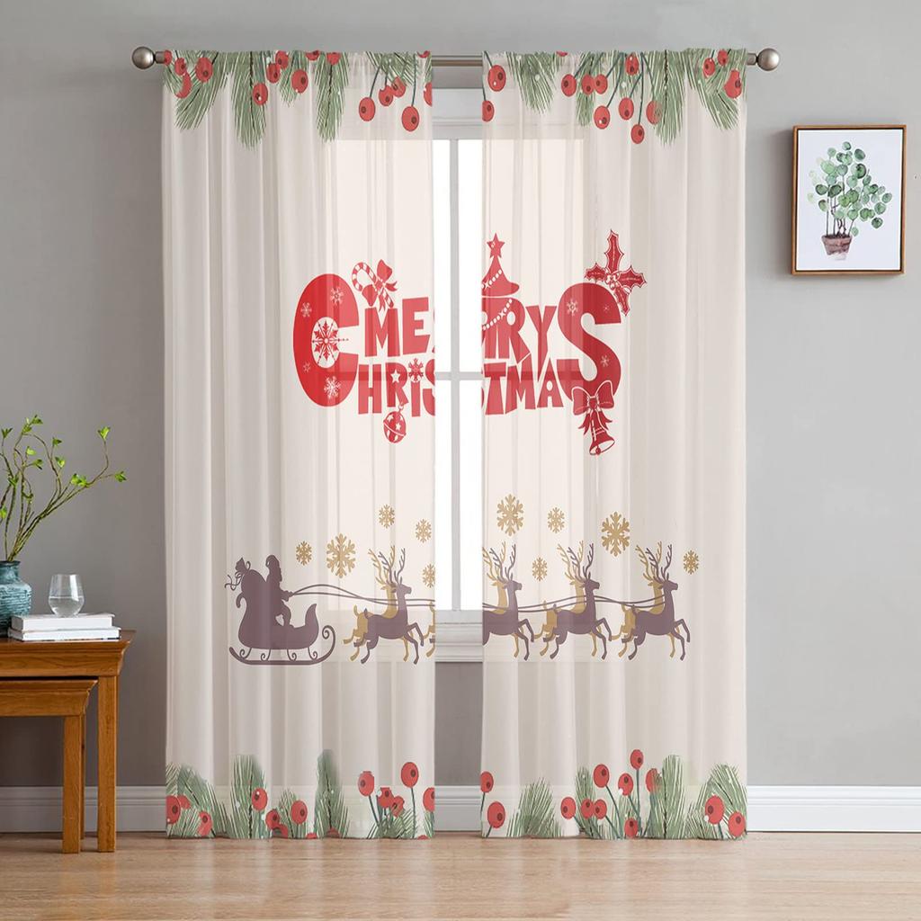 Christmas Curtain Bedroom Living Room Cafe Xmas Santa Claus Chiffon Voile Window Drapes Treatments Light Filtering Polyester Ideal For Great