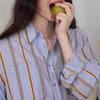 Women's Striped Loose Lapel Shirt - Sea Salt & Sweet Orange