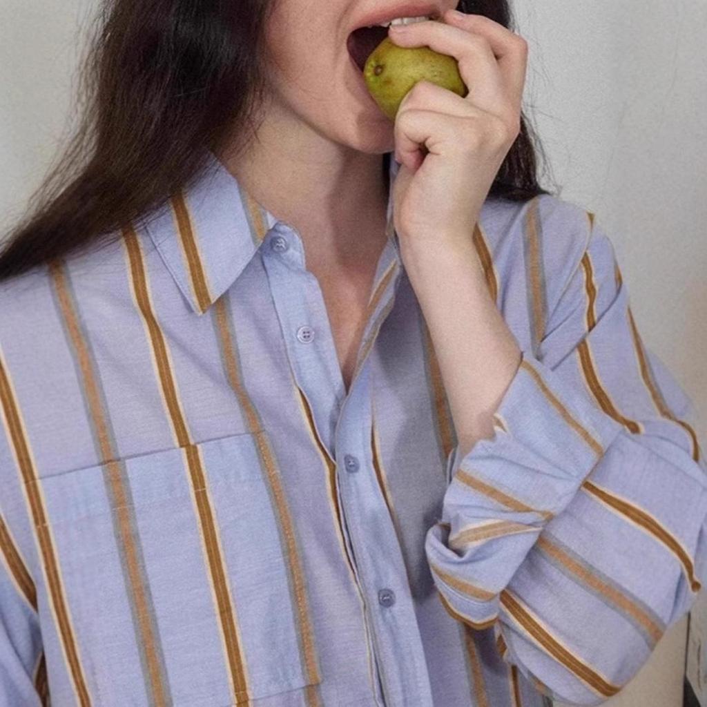 Women's Striped Loose Lapel Shirt - Sea Salt & Sweet Orange