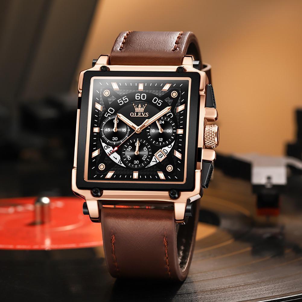 Male Watches Square Quartz Watch For Men Waterproof Leather Strap Chronograph Wristwatch Luminous Relogio Masculino