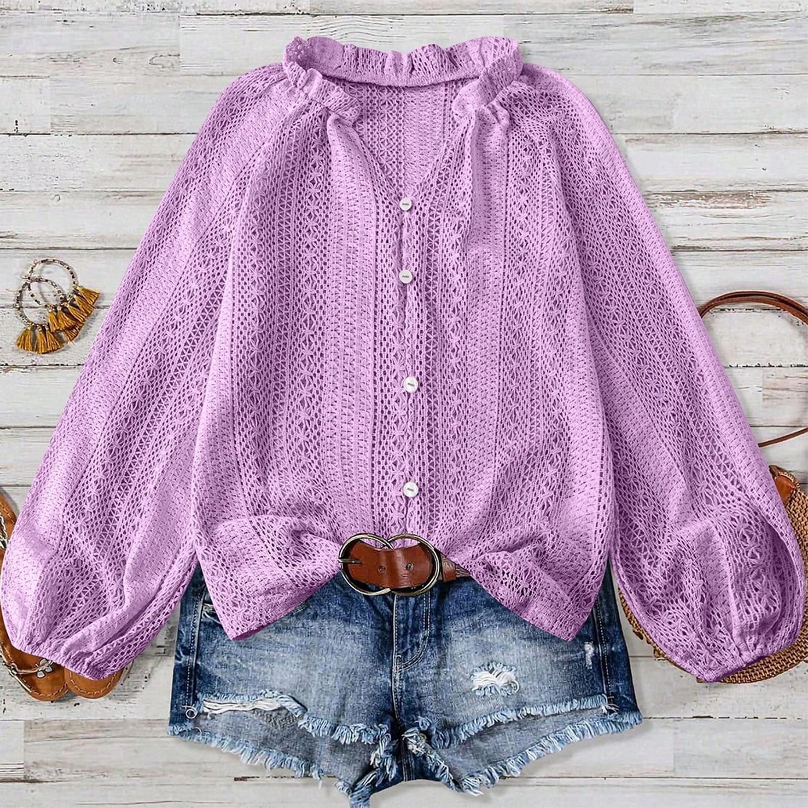 

Женская свободная и модная универсальная рубашка-топ с V-образным вырезом из ажурного кружева, на пуговицах, с длинными рукавами L