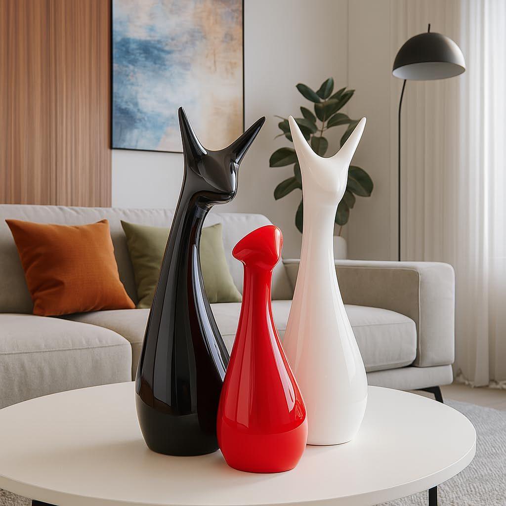 Home Decor Lucky Deer Statue Family Piano Finish Ceramic Figures - (Set of 3, Red Black, White)
