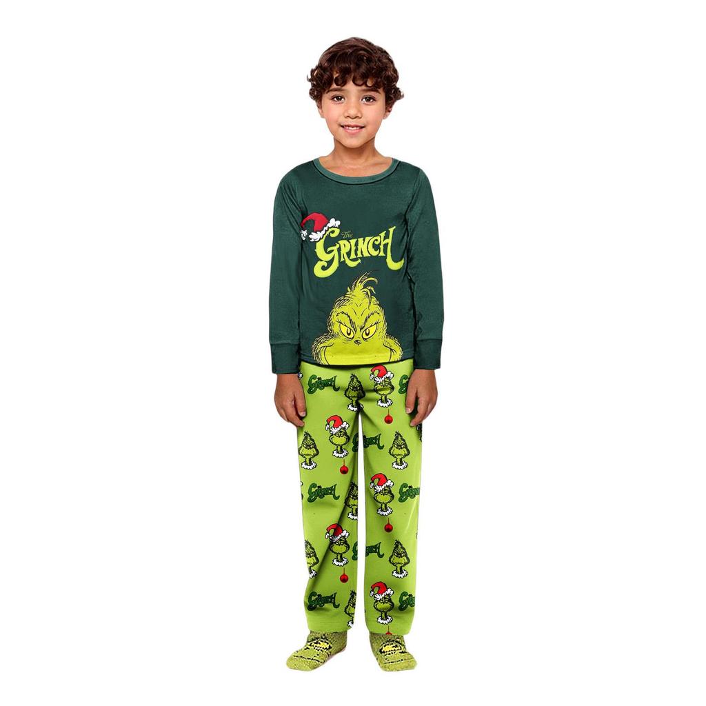 Pijama Familiar Navideño Estampado GRINCH Europeo y Americano - Conjunto de Hogar Festivo de Manga Larga