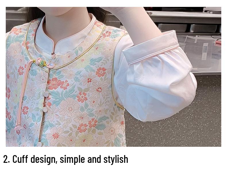 2025 Nowy Hanfu dla Dziewczynek: Modny Słodki Nadruk Chiński Trzyczęściowy Zestaw