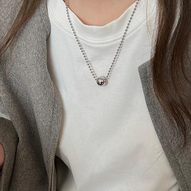 Personality Design Silver Color Stainless Steel Beaded Ball Pendant Necklace For Women Double Layer Hip Hop Rock Chokers Jewelry