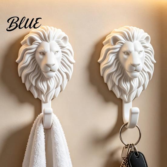 Drill Free Towel Hanger 2Pcs Lion-Head Wall Hooks 3D Printed Animal Shaped Hanger Self‑Adhesive Modern Wardrobe Storage Hook Coat Key Hook,