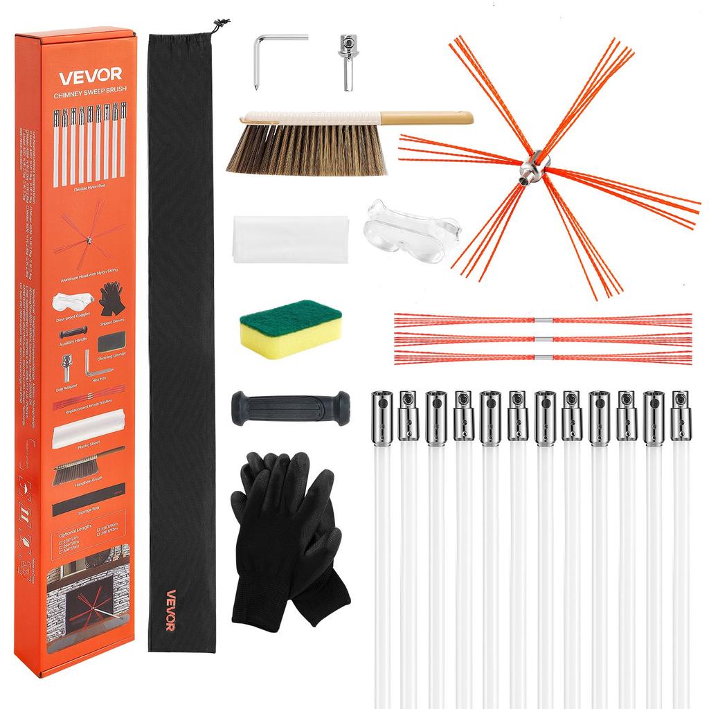 VEVOR Chimney Sweep Kit, 12m Maximum Extendable Length Chimney Sweep, Chimneys Cleaning Kit with Bristle Replacements & Goggles
