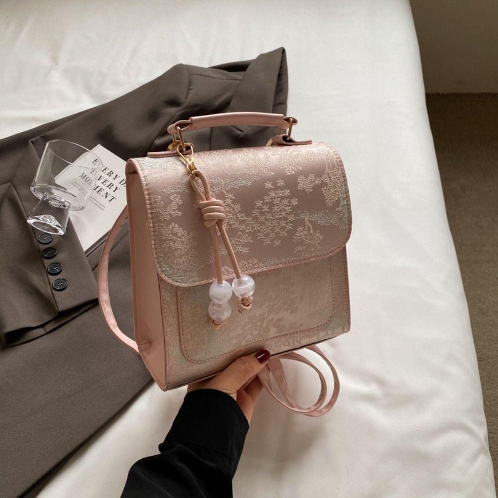 Sweet Embroidery Pu Backpack Large Capacity Square Backpack Retro Chinese Style Daypack  Women розовый