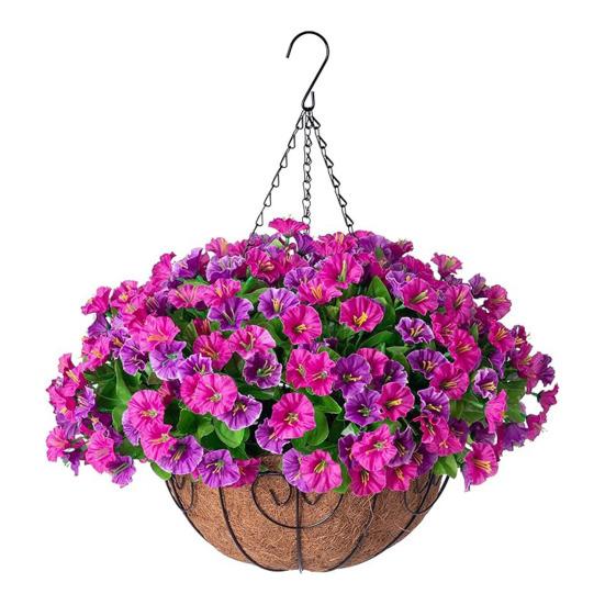 Artificial Hanging Fake Flowers with Basket Outdoor UV Resistant Faux Silk Morning Glory Vines Plants for Porch Patio Garden Balcony Yard Spring