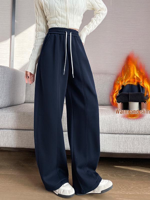 Women's Plus Velvet Wide-Leg Pants, Casual High School Sports Sweatpants, Thickened for Autumn/Winter