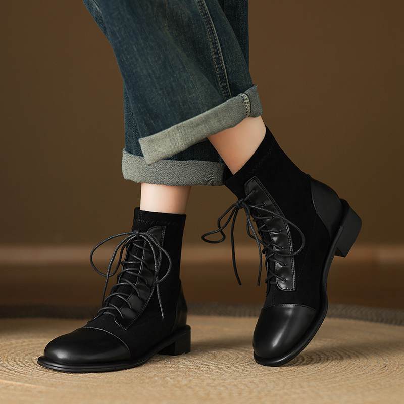 Krazing Po Microfiber Winter Round Toe Size 33 Western Boots Size 43 Lace Up Low Heels European Designer Ankle Boots