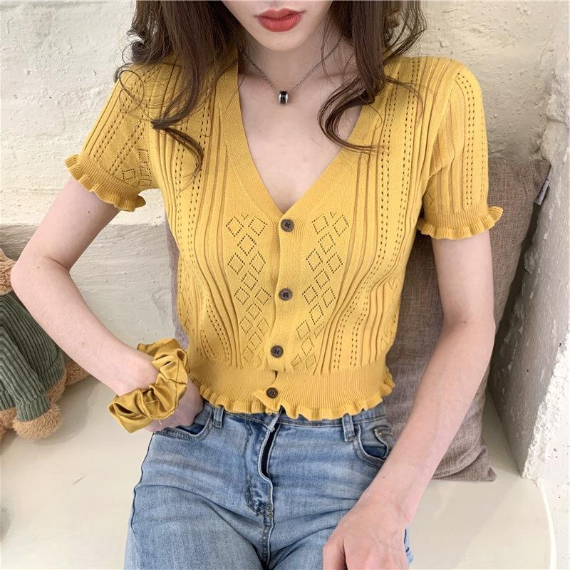 Summer New Style Korean Style Versatile Slim Short Top V-neck Slimming Hollow Short-sleeved Sweater for Women