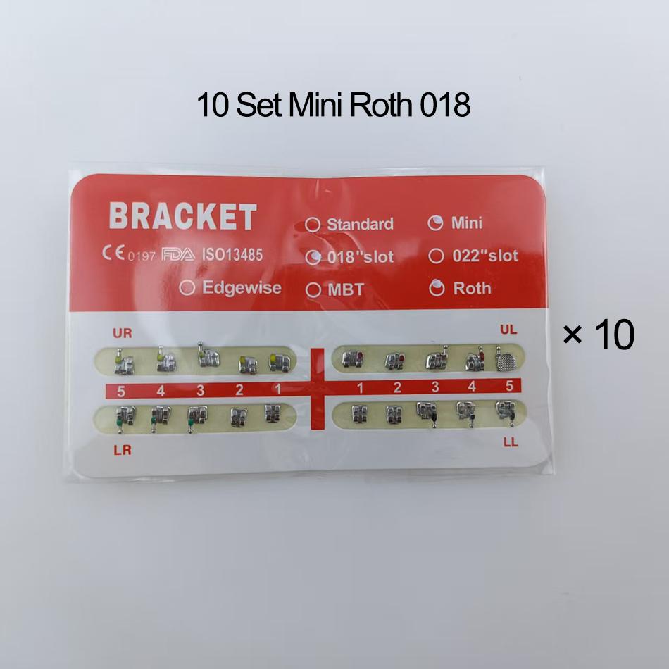 10er-Set kieferorthopädische Brackets, Mini-/Standardgröße, Mesh-Bracket, Zahnspange Roth/MBTt/Edgewise 022 018