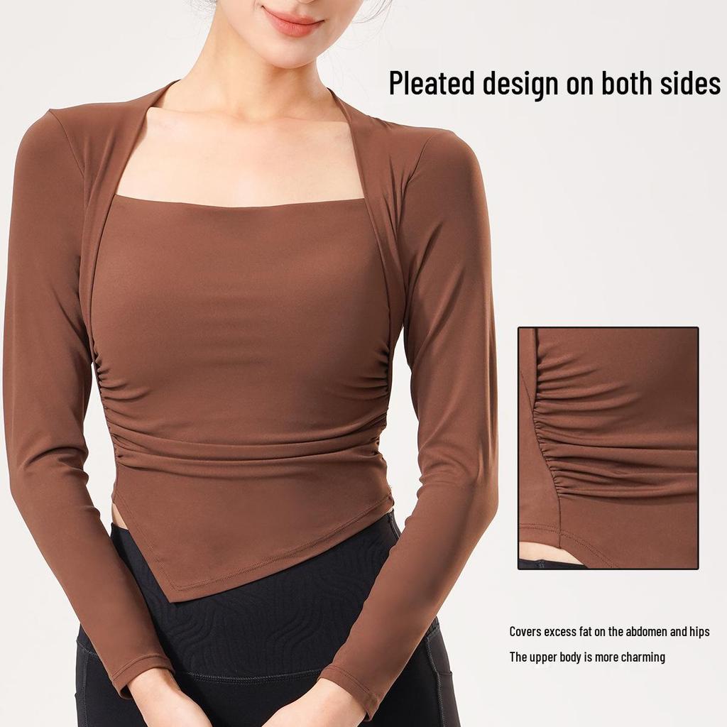 Women's Long-Sleeve Yoga Suit with Padded Waterdrop Cup and Ruched Slim-Fit Sports Top