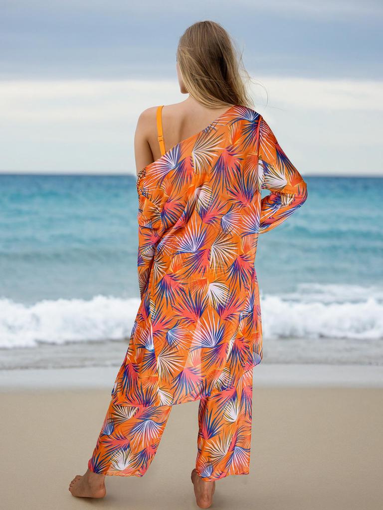 2026 Women's Four-Piece Bikini Set with Sun Protection: Includes Long-Sleeved Cover-Up, Trousers, and Swimwear for Beach or Hot Springs.